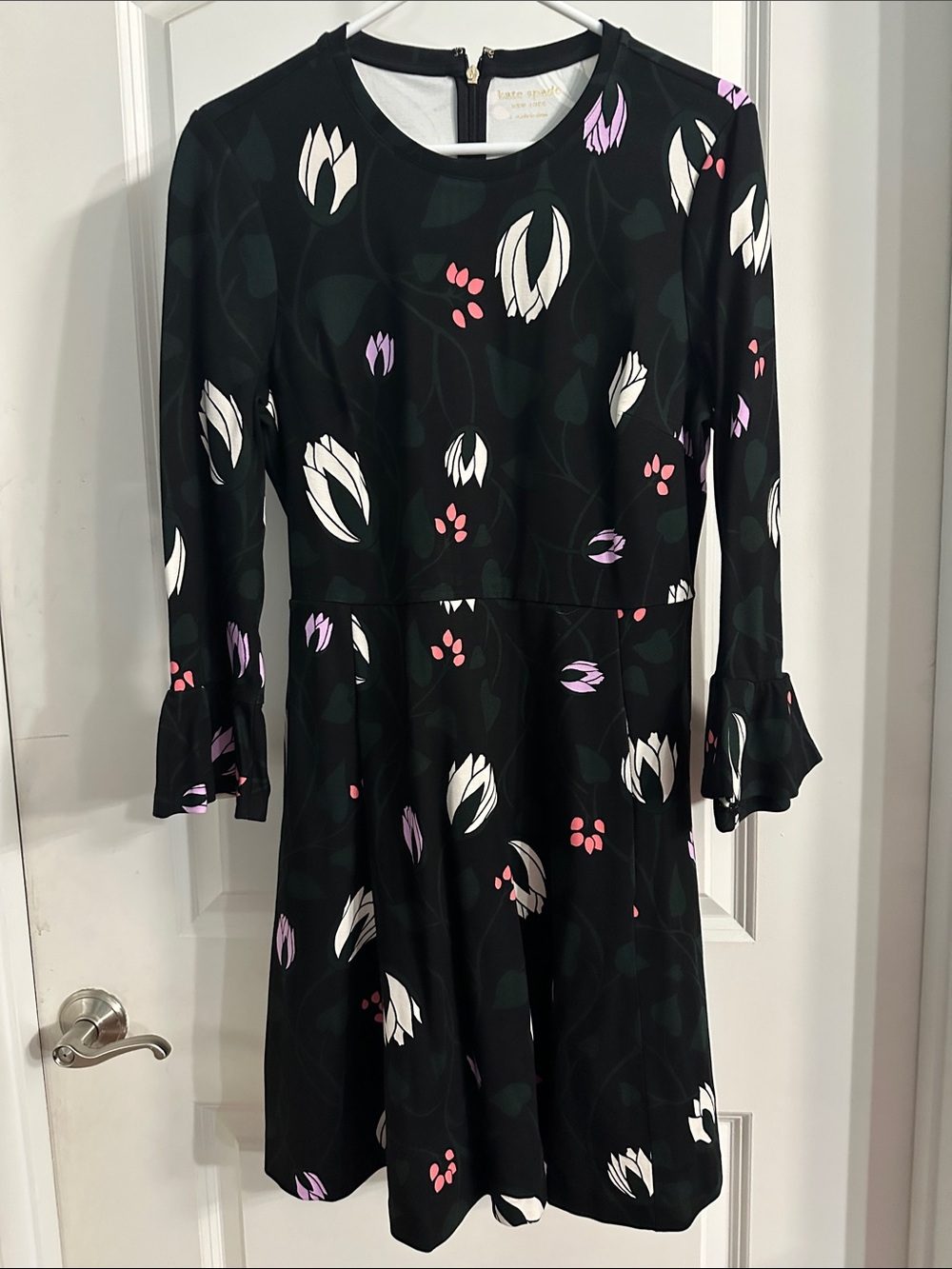 NEW kate spade Black Floral Long-Sleeve Ruffle-Cuff Fit-and-Flare Dress - Size L